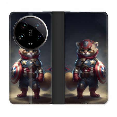 Housse cuir portefeuille Pour Xiaomi 14 Ultra Animal Chat America