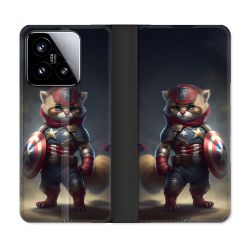 Housse cuir portefeuille Pour Xiaomi 15 Animal Chat America