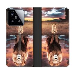 Housse cuir portefeuille Pour Xiaomi 15 Animal Lion Reflet