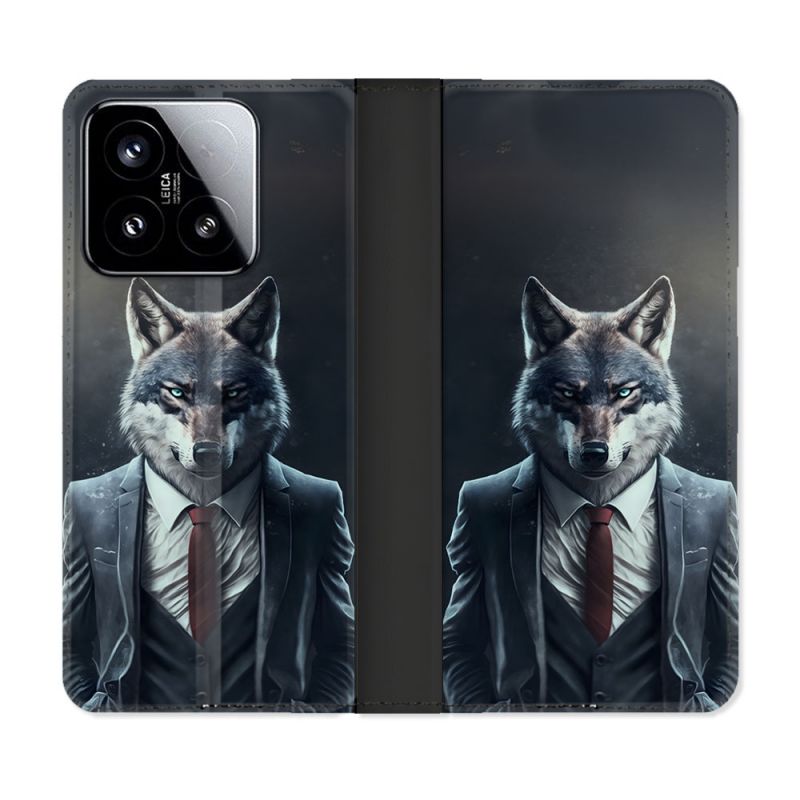 Housse cuir portefeuille Pour Xiaomi 15 Animal Loup Business