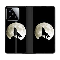 Housse cuir portefeuille Pour Xiaomi 15 Animal Loup Noir