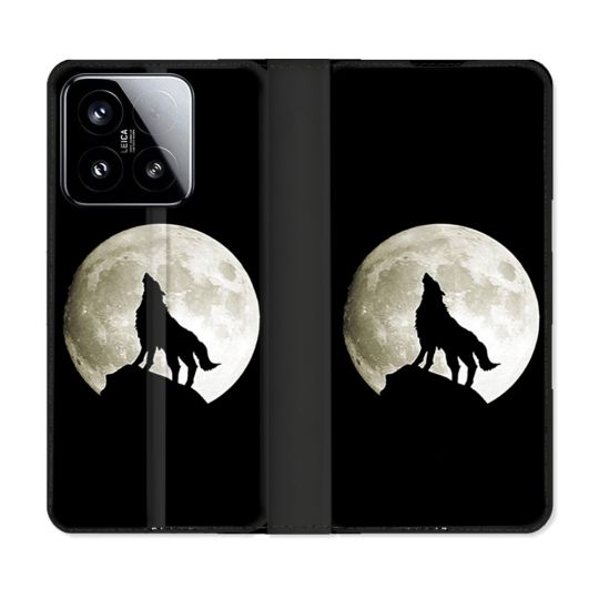 Housse cuir portefeuille Pour Xiaomi 15 Animal Loup Noir