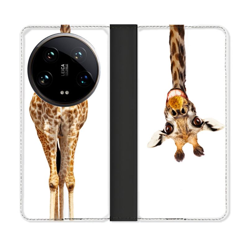 Housse cuir portefeuille Pour Xiaomi 14 Ultra Animal Girafe Blanche