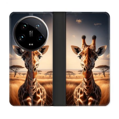 Housse cuir portefeuille Pour Xiaomi 14 Ultra Animal Girafe Savane