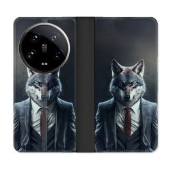 Housse cuir portefeuille Pour Xiaomi 14 Ultra Animal Loup Business