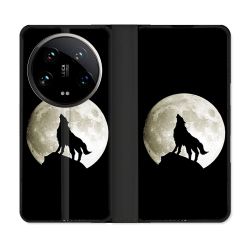 Housse cuir portefeuille Pour Xiaomi 14 Ultra Animal Loup Noir