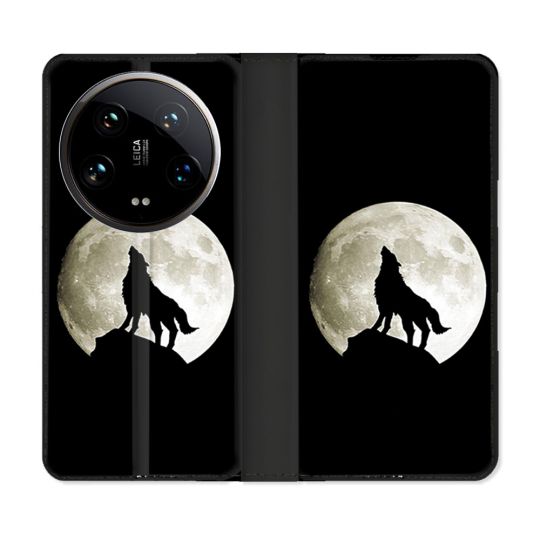 Housse cuir portefeuille Pour Xiaomi 14 Ultra Animal Loup Noir
