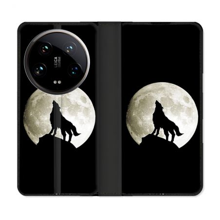 Housse cuir portefeuille Pour Xiaomi 14 Ultra Animal Loup Noir