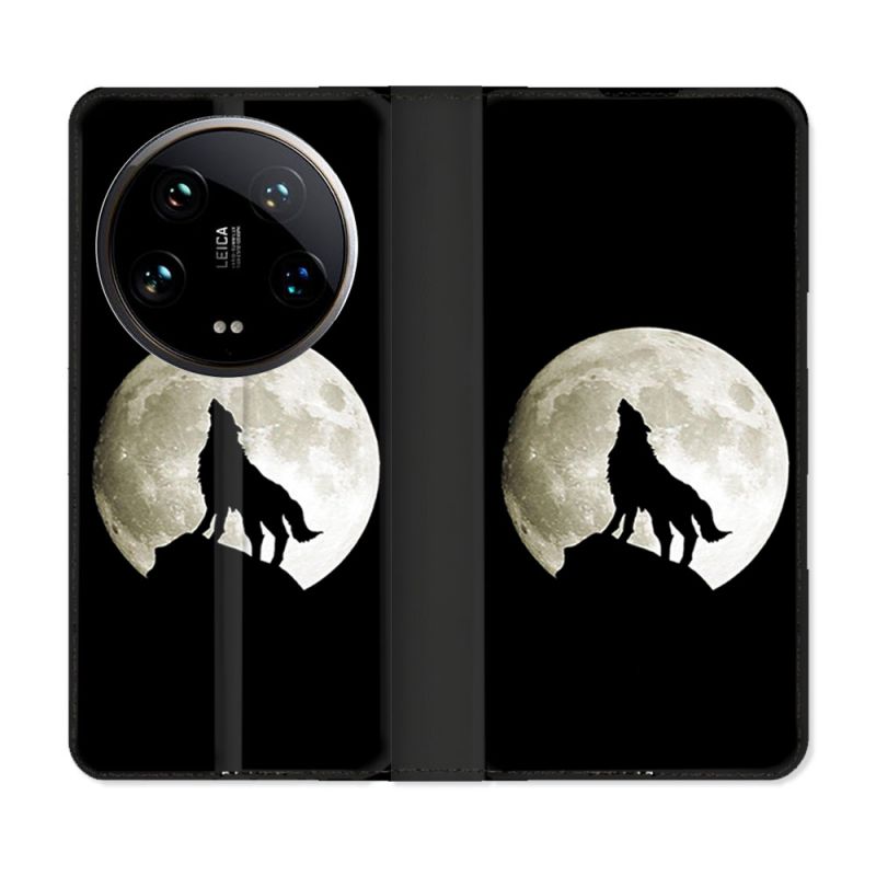 Housse cuir portefeuille Pour Xiaomi 14 Ultra Animal Loup Noir