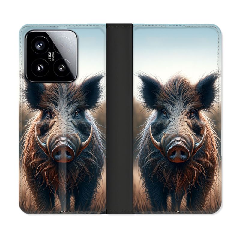 Housse cuir portefeuille Pour Xiaomi 15 Chasse Sanglier Attaque