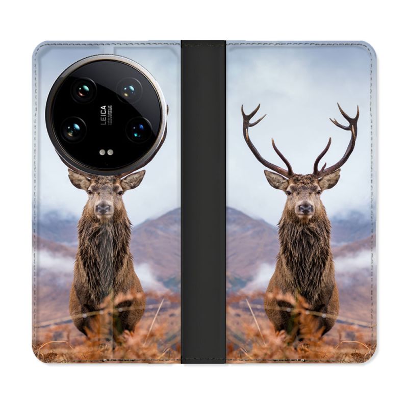 Housse cuir portefeuille Pour Xiaomi 14 Ultra Chasse Chevreuil Montagne