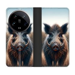 Housse cuir portefeuille Pour Xiaomi 14 Ultra Chasse Sanglier Attaque