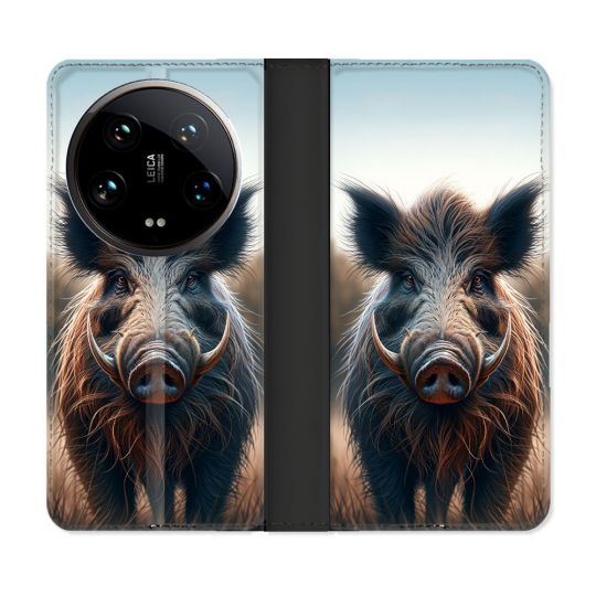 Housse cuir portefeuille Pour Xiaomi 14 Ultra Chasse Sanglier Attaque