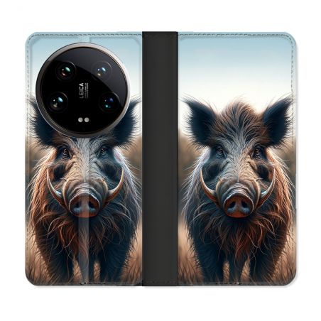 Housse cuir portefeuille Pour Xiaomi 14 Ultra Chasse Sanglier Attaque