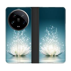 Housse cuir portefeuille Pour Xiaomi 14 Ultra Fleur Lotus Blanc
