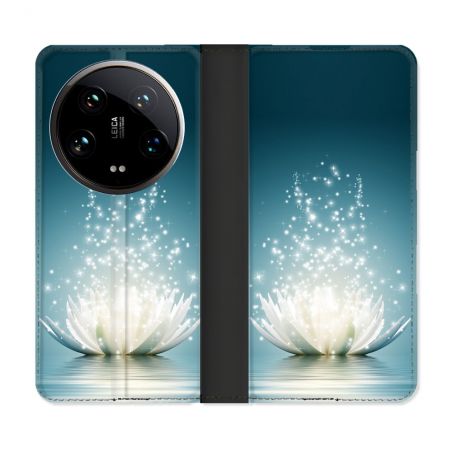Housse cuir portefeuille Pour Xiaomi 14 Ultra Fleur Lotus Blanc