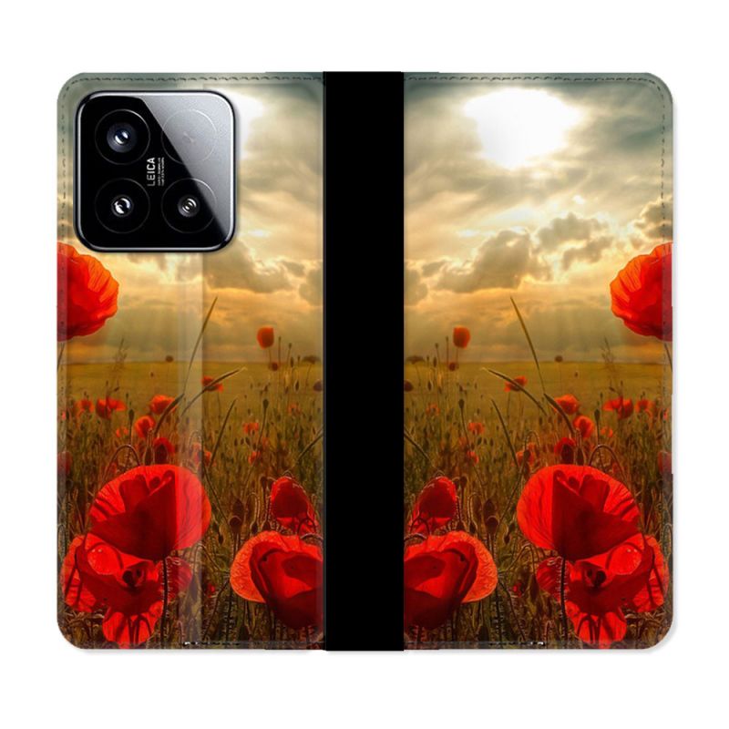 Housse cuir portefeuille Pour Xiaomi 15 Fleur Coquelicot