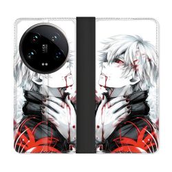 Housse cuir portefeuille Pour Xiaomi 14 Ultra Manga Tokyo Ghoul Kaneki Blanc