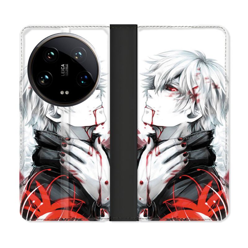 Housse cuir portefeuille Pour Xiaomi 14 Ultra Manga Tokyo Ghoul Kaneki Blanc