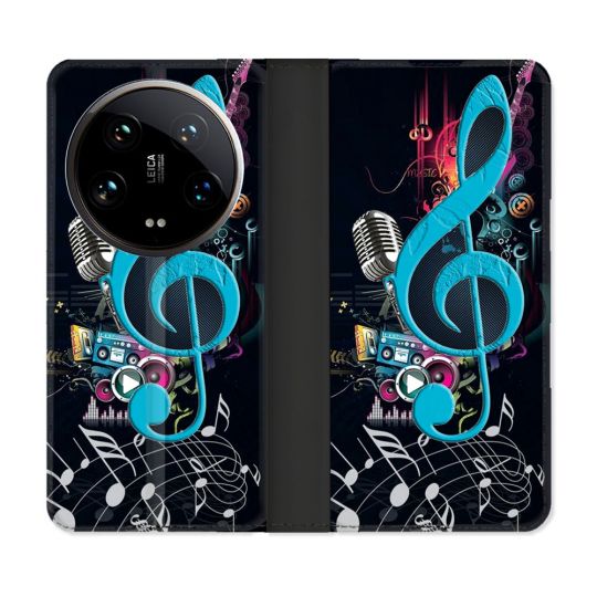 Housse cuir portefeuille Pour Xiaomi 14 Ultra Musique Cle Sol Bleu