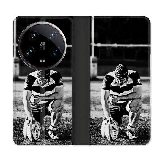 Housse cuir portefeuille Pour Xiaomi 14 Ultra Sport Rugby Noir Blanc