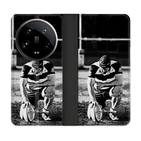 Housse cuir portefeuille Pour Xiaomi 14 Ultra Sport Rugby Noir Blanc