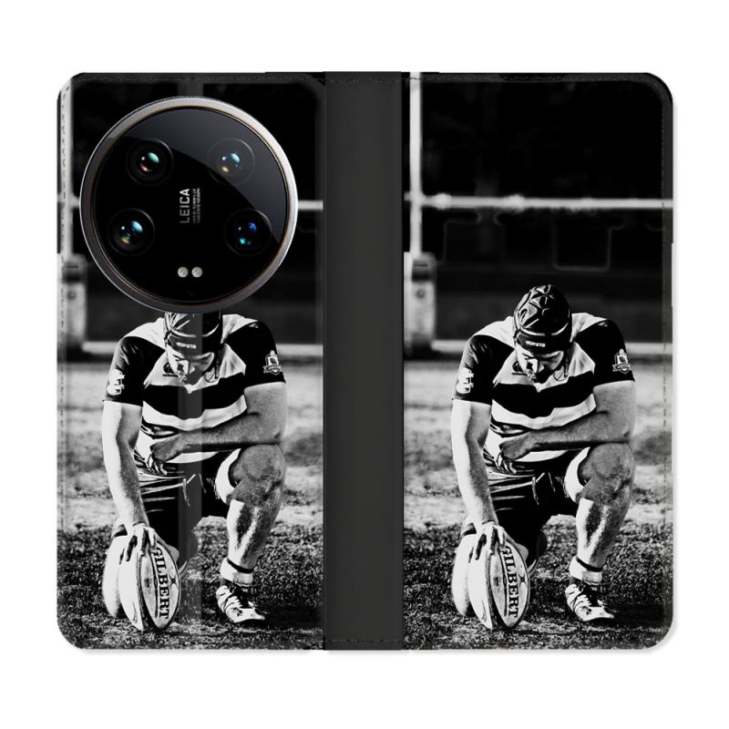 Housse cuir portefeuille Pour Xiaomi 14 Ultra Sport Rugby Noir Blanc