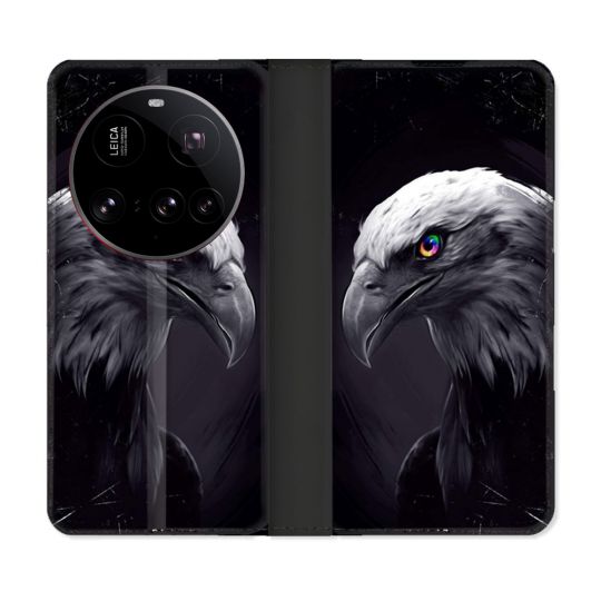 Housse cuir portefeuille Pour Xiaomi 15 Ultra Animal Aigle Royal Noir