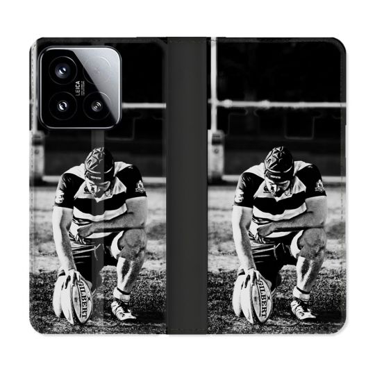 Housse cuir portefeuille Pour Xiaomi 15 Sport Rugby Noir Blanc