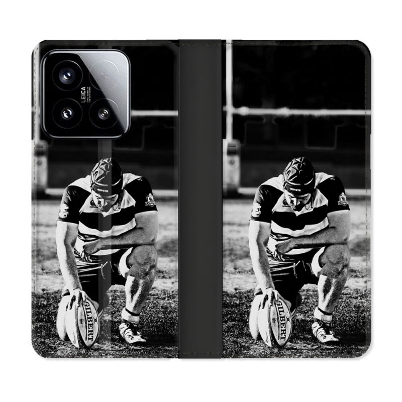 Housse cuir portefeuille Pour Xiaomi 15 Sport Rugby Noir Blanc