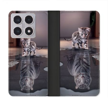 Housse cuir portefeuille Pour Xiaomi 15T Animal Chat Reflet