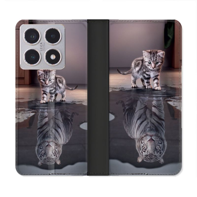 Housse cuir portefeuille Pour Xiaomi 15T Animal Chat Reflet