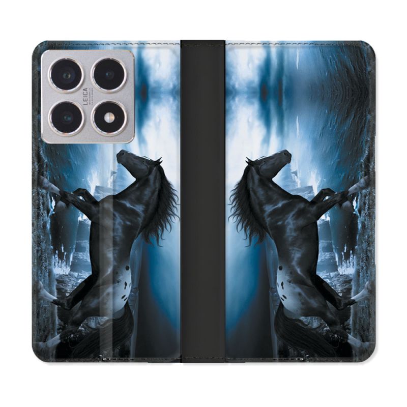 Housse cuir portefeuille Pour Xiaomi 15T Animal Cheval Noir