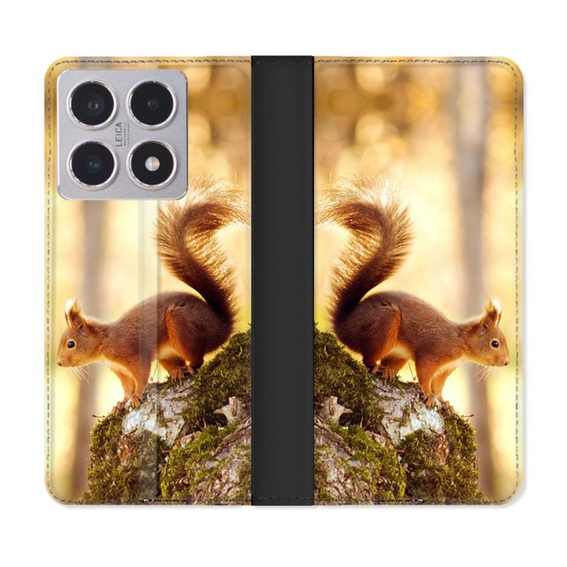 Housse cuir portefeuille Pour Xiaomi 15T Animal Ecureuil Bois