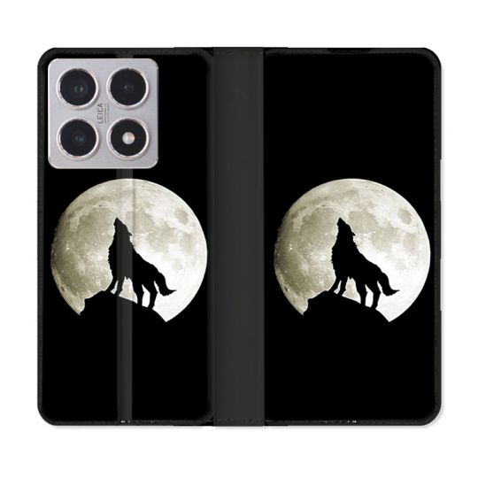 Housse cuir portefeuille Pour Xiaomi 15T Animal Loup Noir