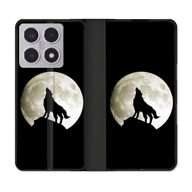 Housse cuir portefeuille Pour Xiaomi 15T Animal Loup Noir