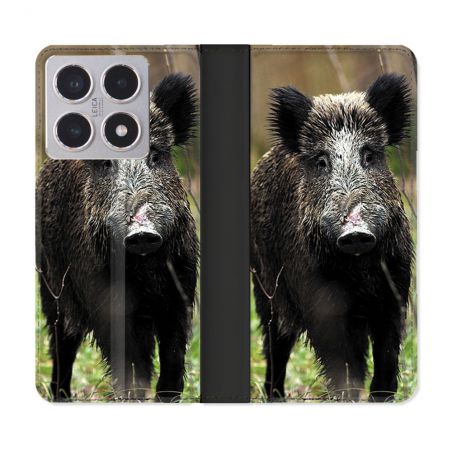 Housse cuir portefeuille Pour Xiaomi 15T Chasse Sanglier bois