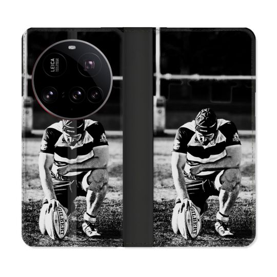 Housse cuir portefeuille Pour Xiaomi 15 Ultra Sport Rugby Noir Blanc