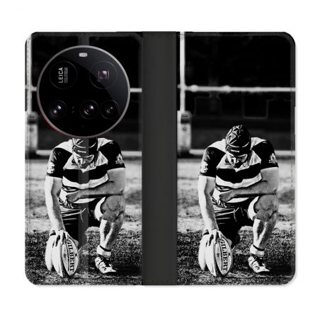 Housse cuir portefeuille Pour Xiaomi 15 Ultra Sport Rugby Noir Blanc