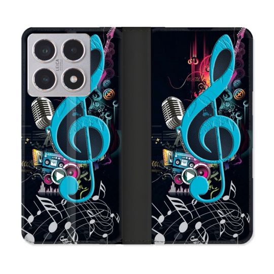 Housse cuir portefeuille Pour Xiaomi 15T Musique Cle Sol Bleu