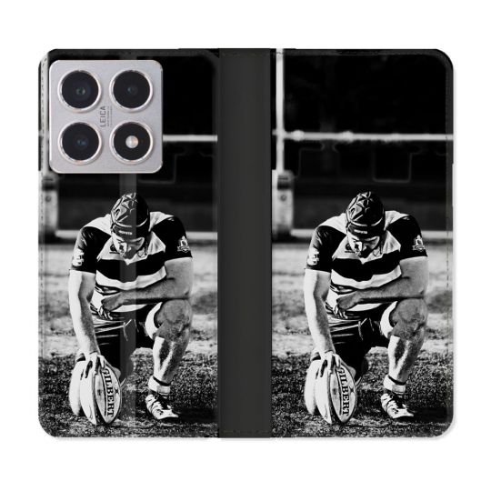Housse cuir portefeuille Pour Xiaomi 15T Sport Rugby Noir Blanc