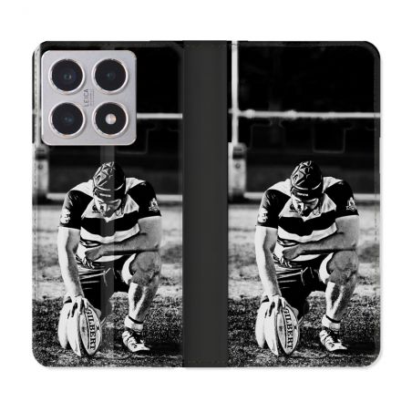 Housse cuir portefeuille Pour Xiaomi 15T Sport Rugby Noir Blanc