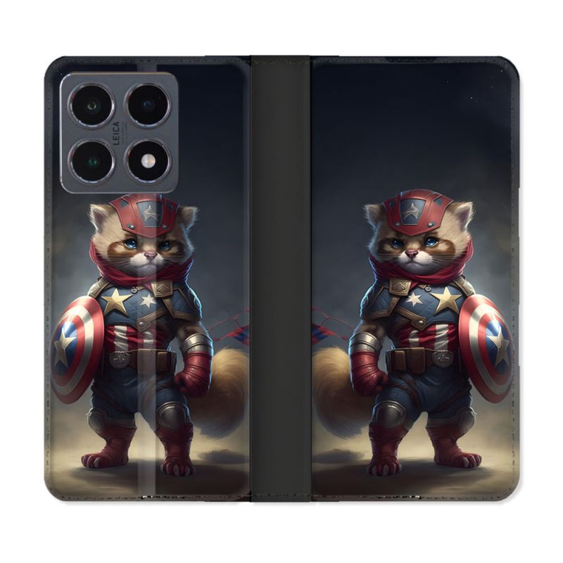 Housse cuir portefeuille Pour Xiaomi 15T Pro Animal Chat America