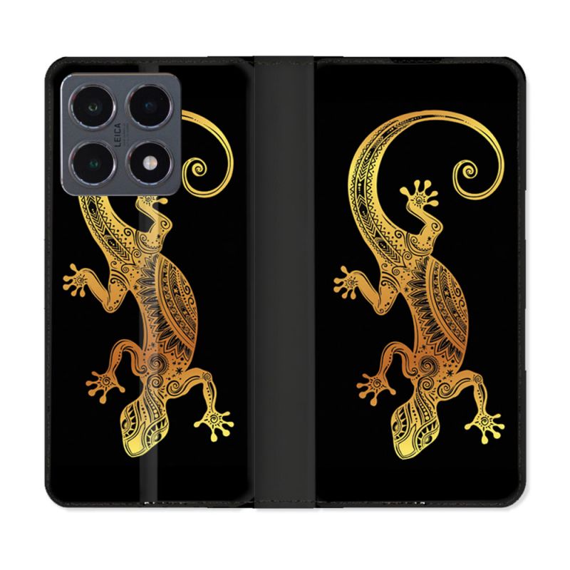 Housse cuir portefeuille Pour Xiaomi 15T Pro Animal Lezard Noir