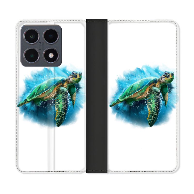 Housse cuir portefeuille Pour Xiaomi 15T Pro Animal Tortue Blanche multicolore