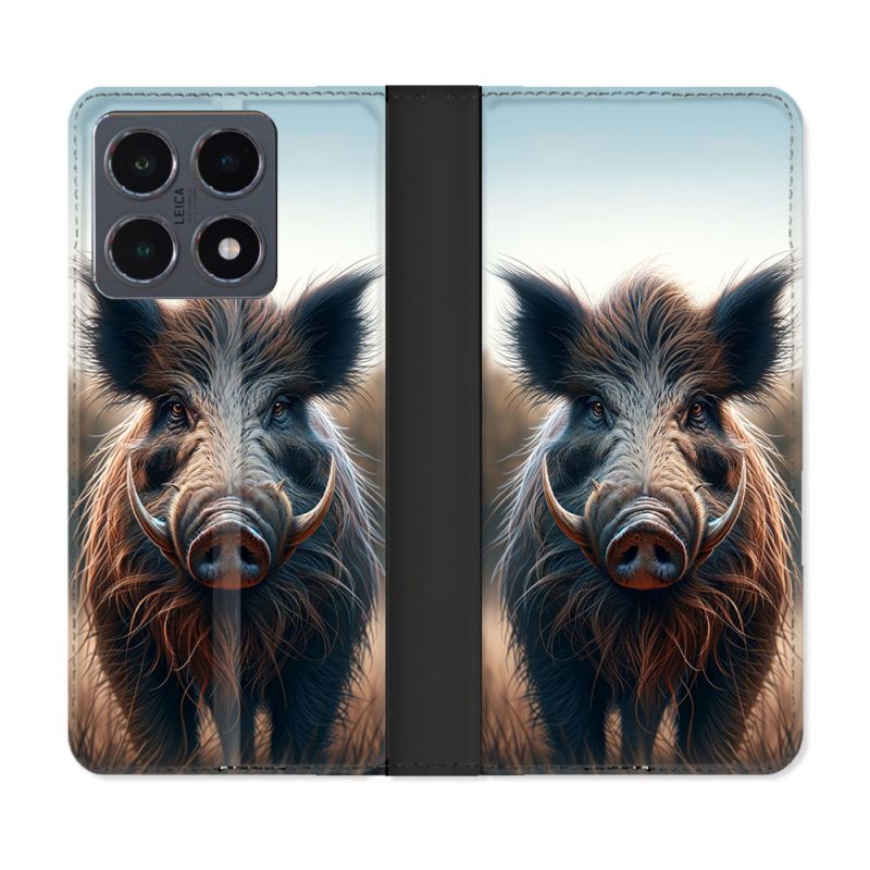 Housse cuir portefeuille Pour Xiaomi 15T Pro Chasse Sanglier Attaque