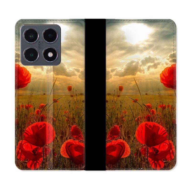 Housse cuir portefeuille Pour Xiaomi 15T Pro Fleur Coquelicot