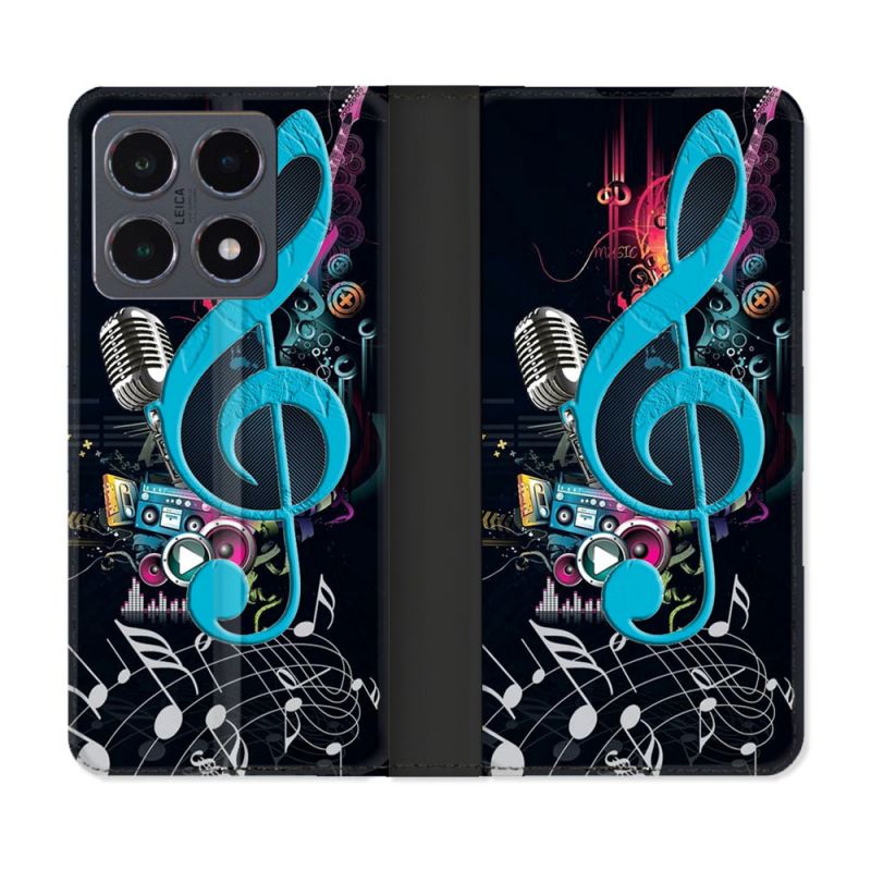 Housse cuir portefeuille Pour Xiaomi 15T Pro Musique Cle Sol Bleu