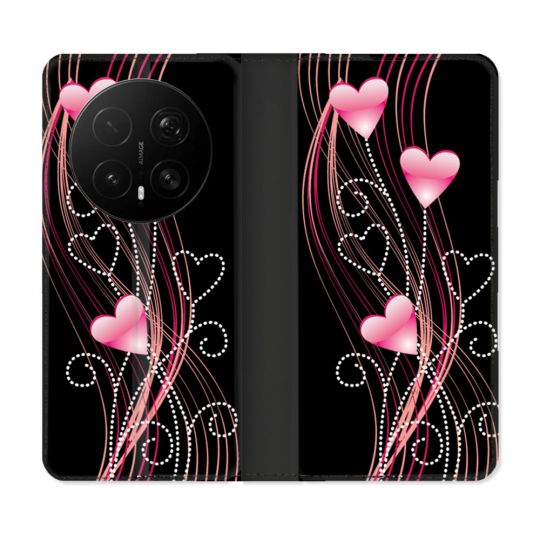 Housse Cuir Portefeuille Pour Honor Magic 8 Pro 5G Amour Coeur Rose Montant sur Noir