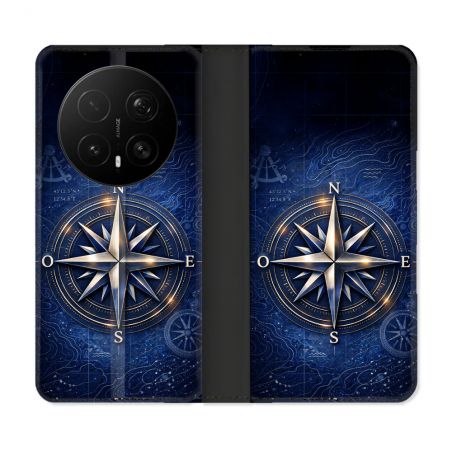 Housse Cuir Portefeuille Pour Honor Magic 8 Pro 5G Voyage Rose des Vents Marine